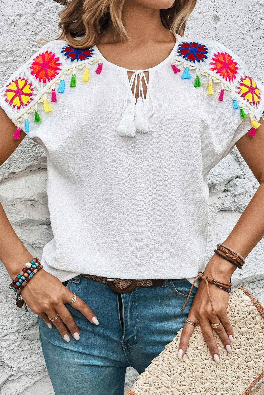 White Knit Crochet Patchwork Textured Fringed V Neck Blouse - Chic Meadow Boutique 