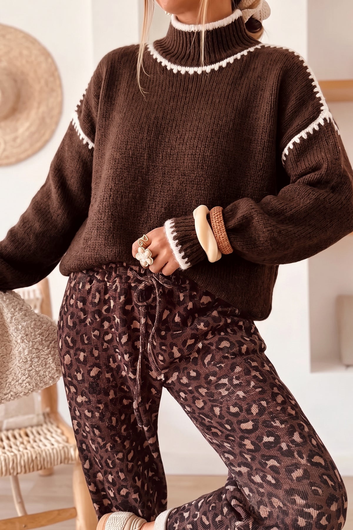 Coffee Contrast Trim Mock Neck Drop Shoulder Relaxed Sweater