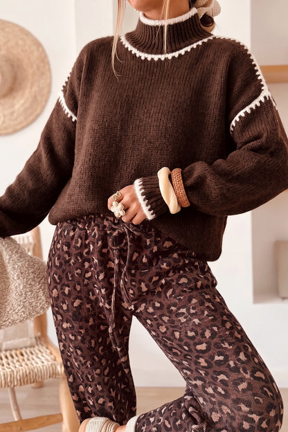 Coffee Contrast Trim Mock Neck Drop Shoulder Relaxed Sweater