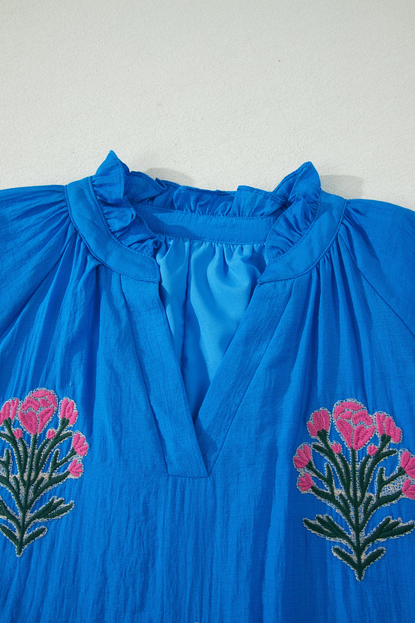Blue Flower Embroidered Split Neck Short Puff Sleeve Ruffle Hem Dress