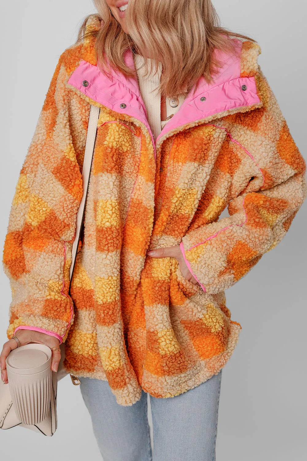 Orange Checkered Sherpa Hooded Jacket - Chic Meadow Boutique 