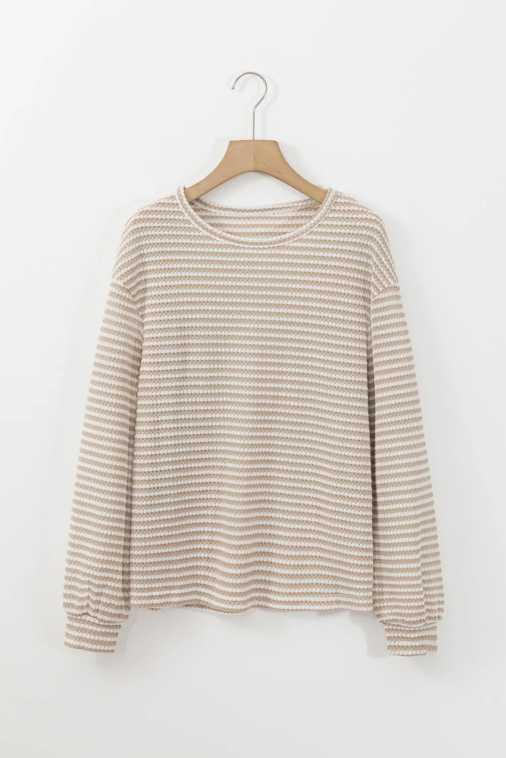 Khaki Stripe Round Neck Drop Shoulder Long Sleeve Top - Chic Meadow Boutique 