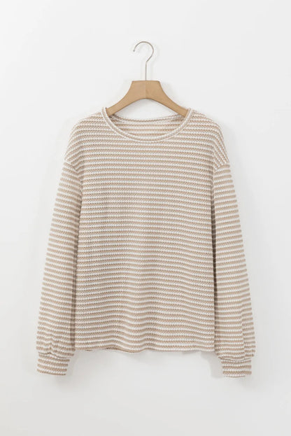 Khaki Stripe Round Neck Drop Shoulder Long Sleeve Top - Chic Meadow Boutique 