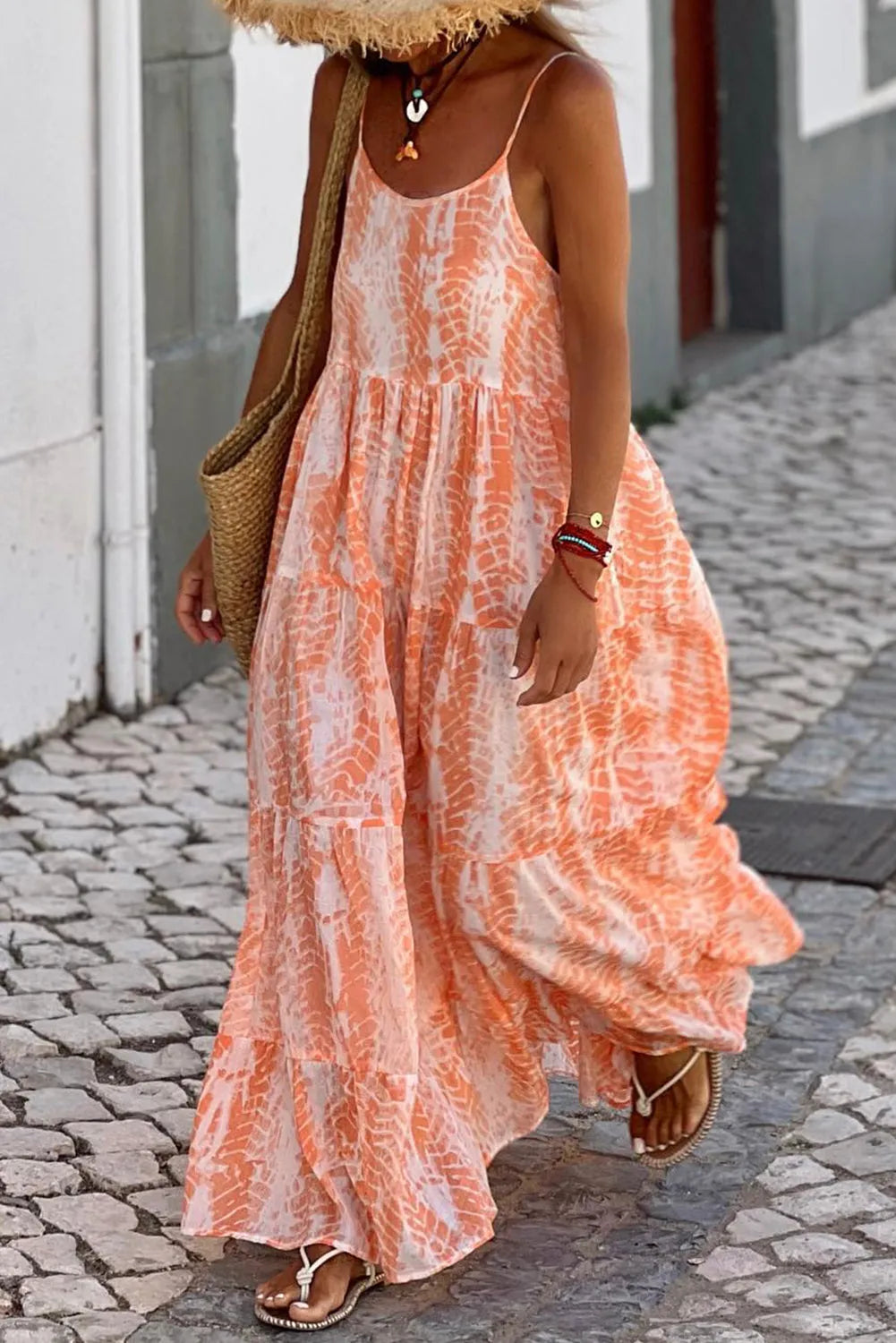 Orange Abstract Print Spaghetti Straps Backless Tiered Maxi Dress - Chic Meadow Boutique 