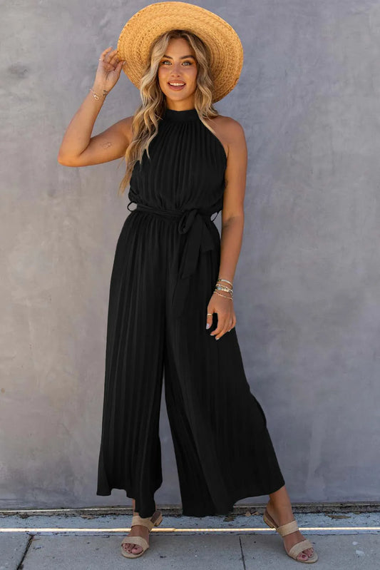 Black Halter Neck Pleated Wide Leg Jumpsuit with Belt - Chic Meadow Boutique 