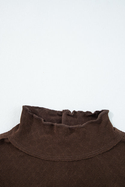 Cinnamon Lettuce Trim Raw Seam Patchwork Jacquard Long Sleeve Top