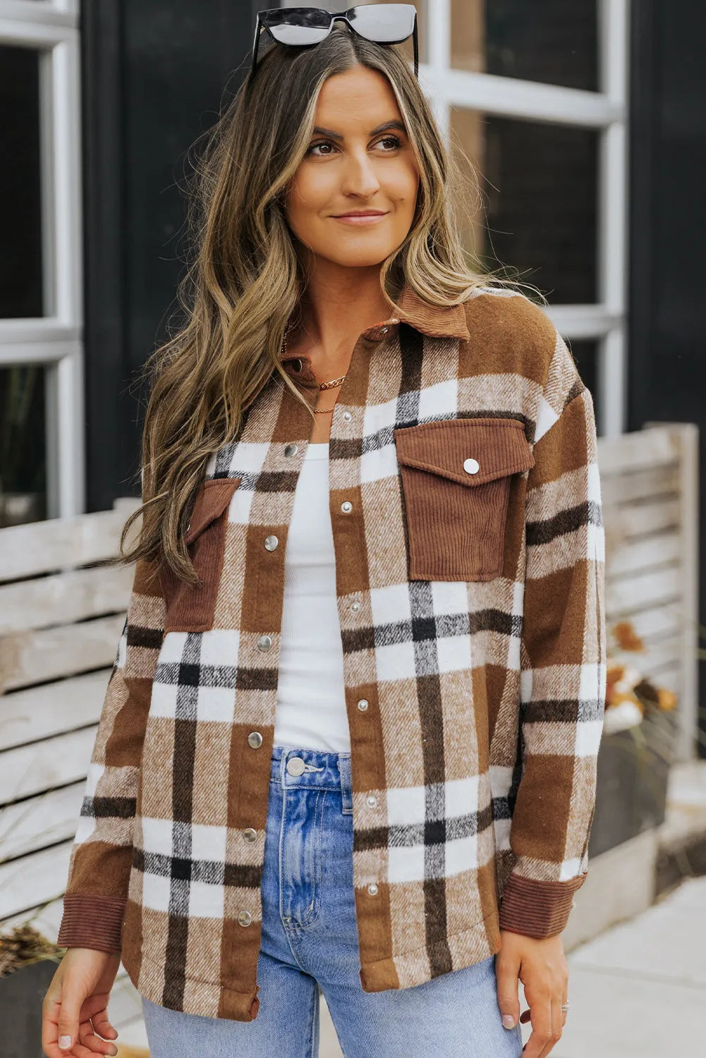 Brown Pocketed Buttoned Plaid Shirt Jacket - Chic Meadow Boutique 