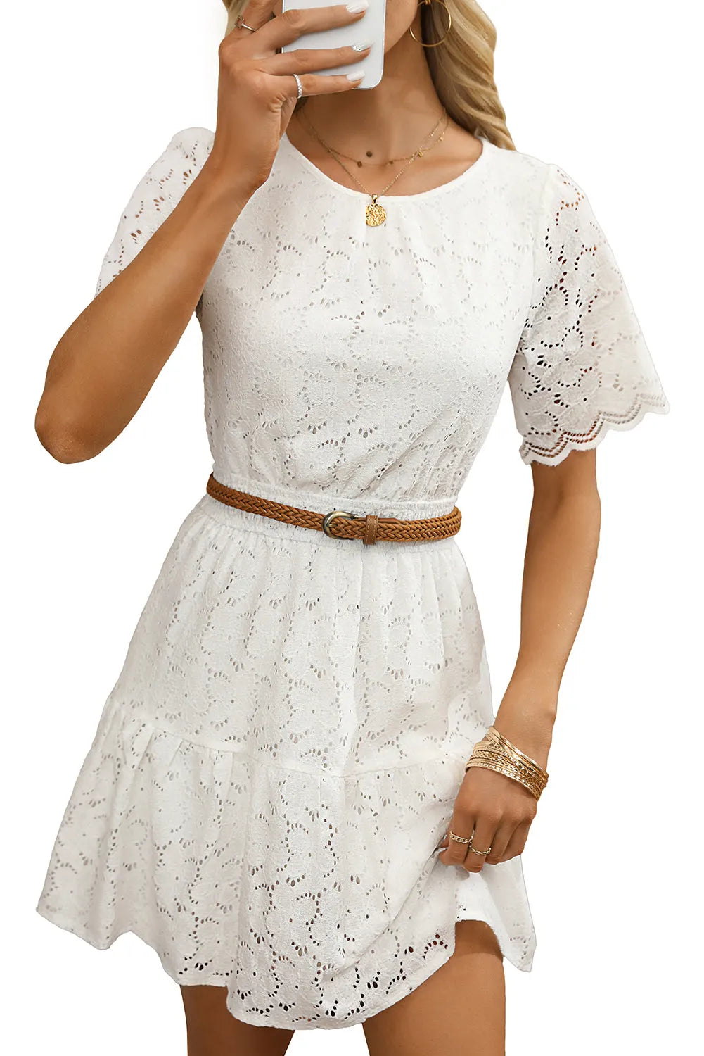 Beige Scalloped Floral Lace Crochet Short Sleeve Mini Dress - Chic Meadow Boutique 