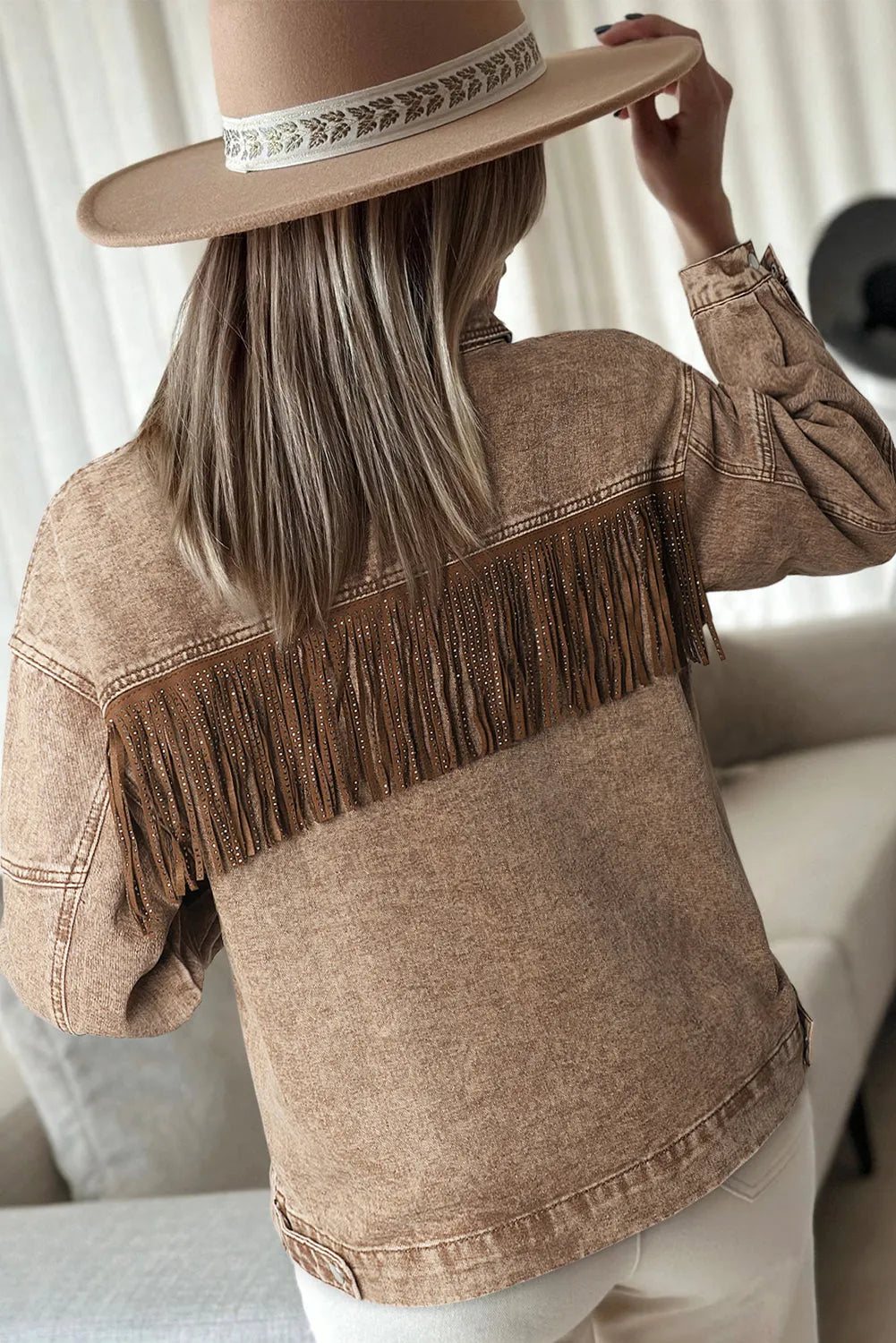 Brown Rhinestone Fringed Cowgirl Fashion Denim Jacket - Chic Meadow Boutique 