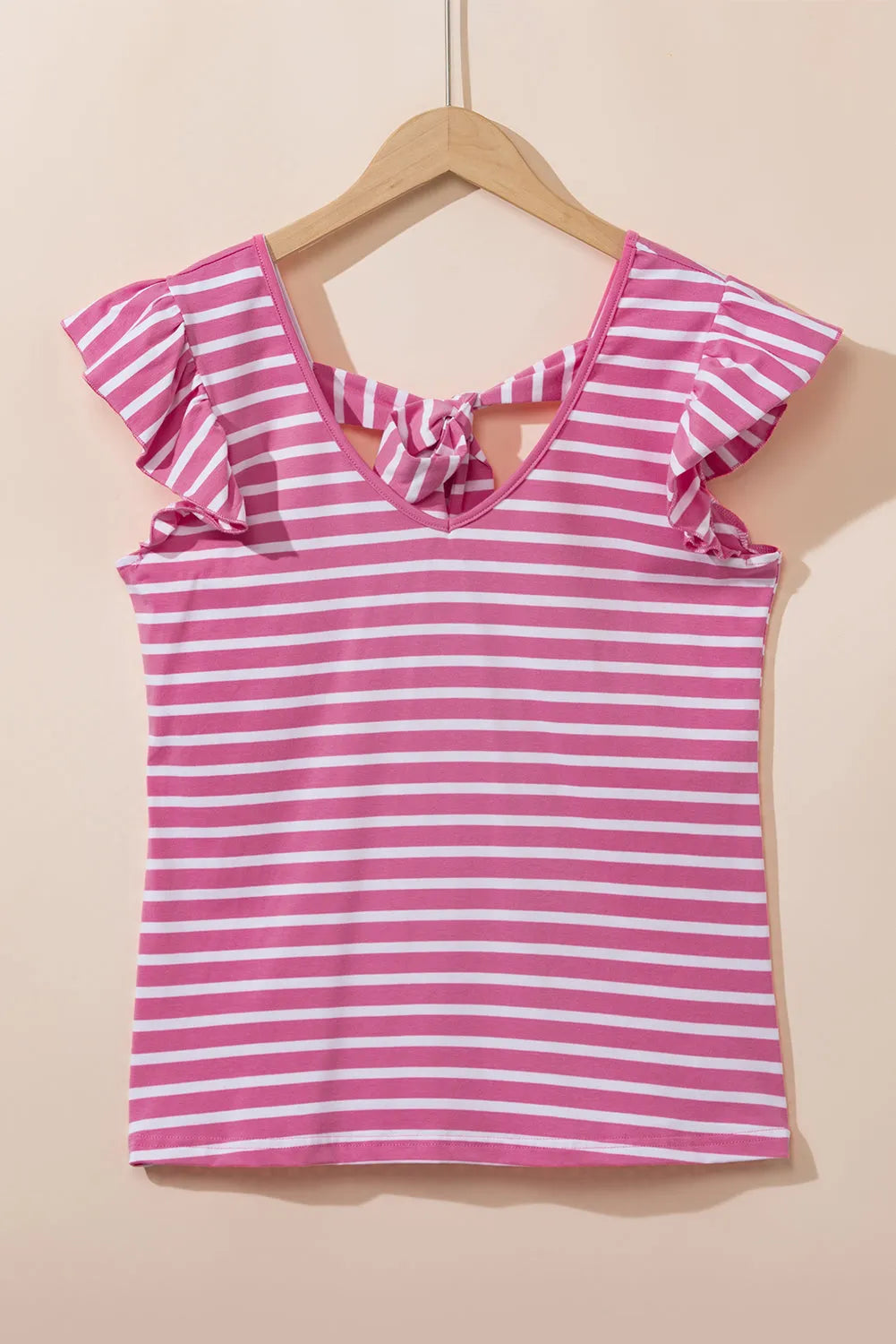 Pink Stripe Butterfly Sleeve V Neck Hollowed Knot Back T Shirt - Chic Meadow Boutique 