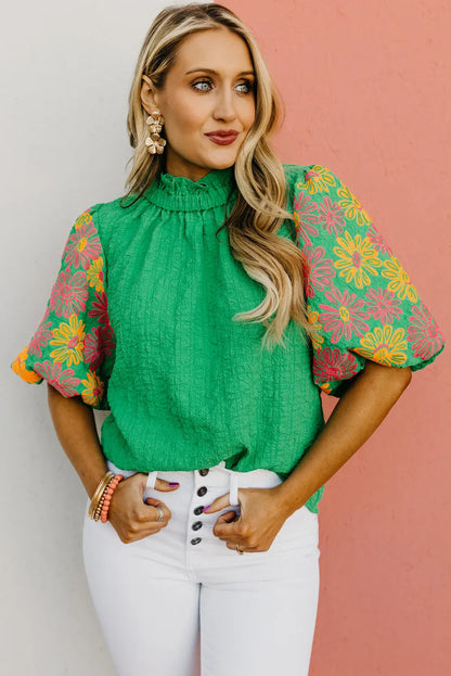 Bright Green Floral Puff Short Sleeve Ruffled Collar Button Back Top - Chic Meadow Boutique 