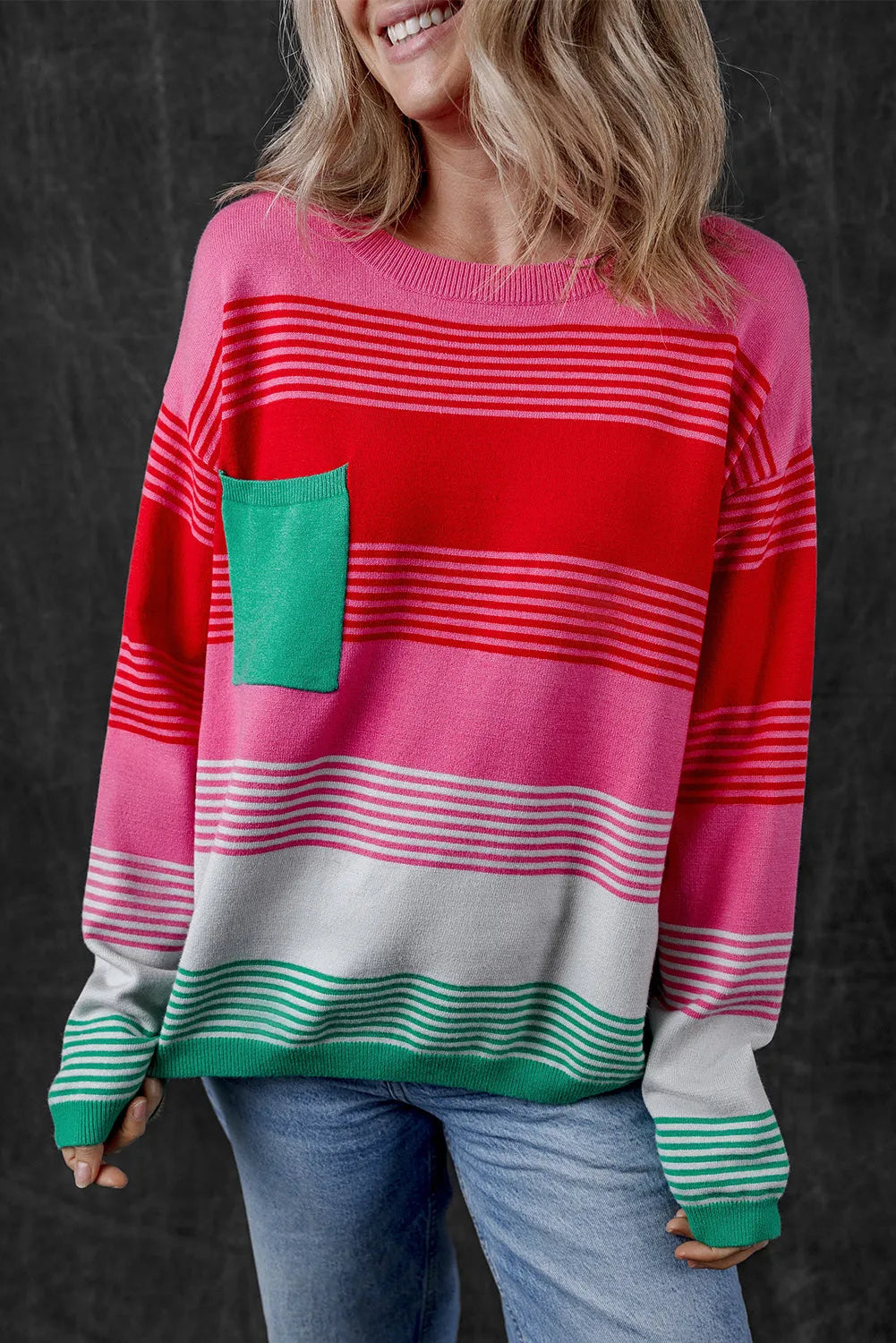 Rose Striped Knit Patch Pocket Drop Shoulder Sweater - Chic Meadow Boutique 