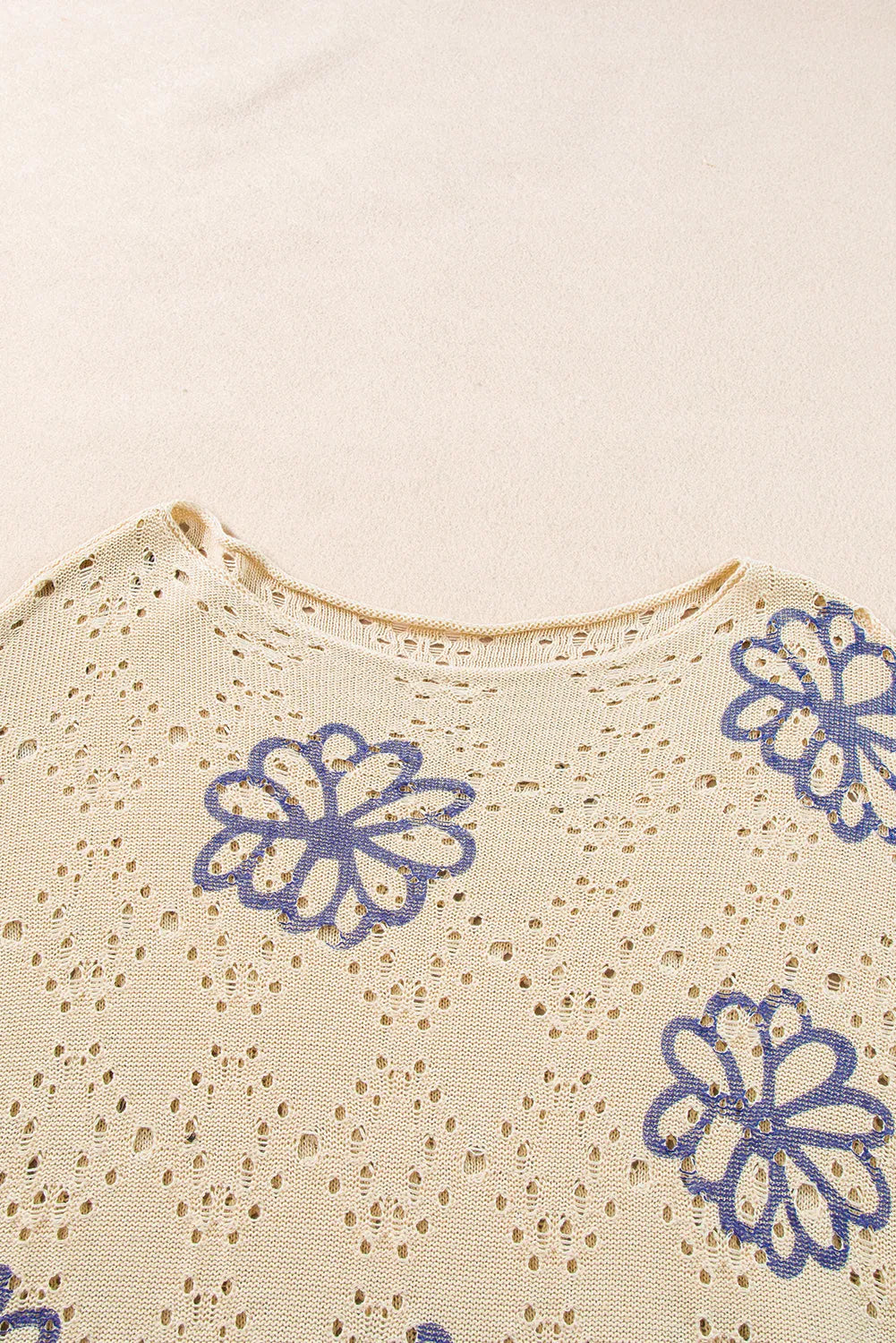 Beige Contrast Flower Print Eyelet Drop Shoulder Sweater - Chic Meadow Boutique 