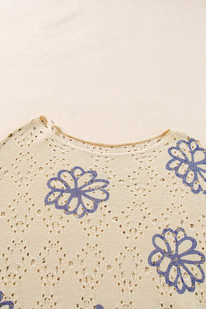 Beige Contrast Flower Print Eyelet Drop Shoulder Sweater - Chic Meadow Boutique 