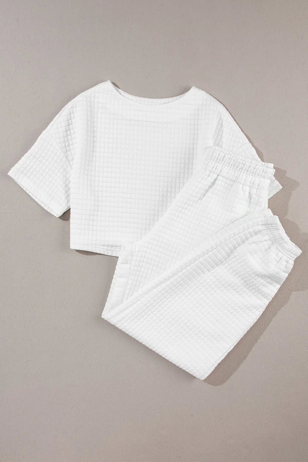 White Lattice Textured Cropped Tee and Jogger Pants Set - Chic Meadow Boutique 