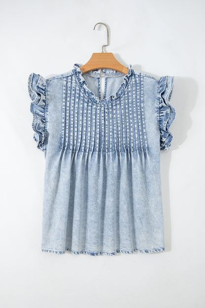 Beau Blue Ruffle Pleated Detail Vintage Washed Denim Top