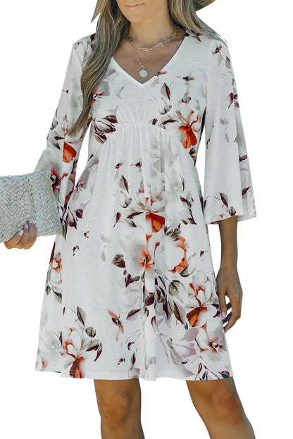 White V Neck 3/4 Sleeve Floral Dress - Chic Meadow Boutique 