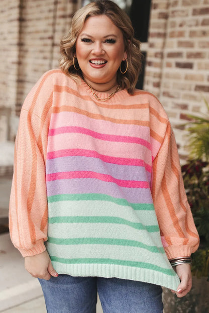 Pink Stripe Color Block Balloon Sleeve Crewneck Plus Size Sweater - Chic Meadow Boutique 