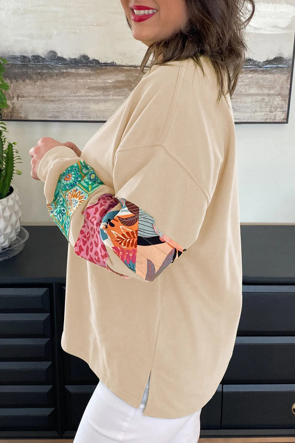 Beige Plus Size Printed Patchwork Sleeve Split Sweatshirt - Chic Meadow Boutique 