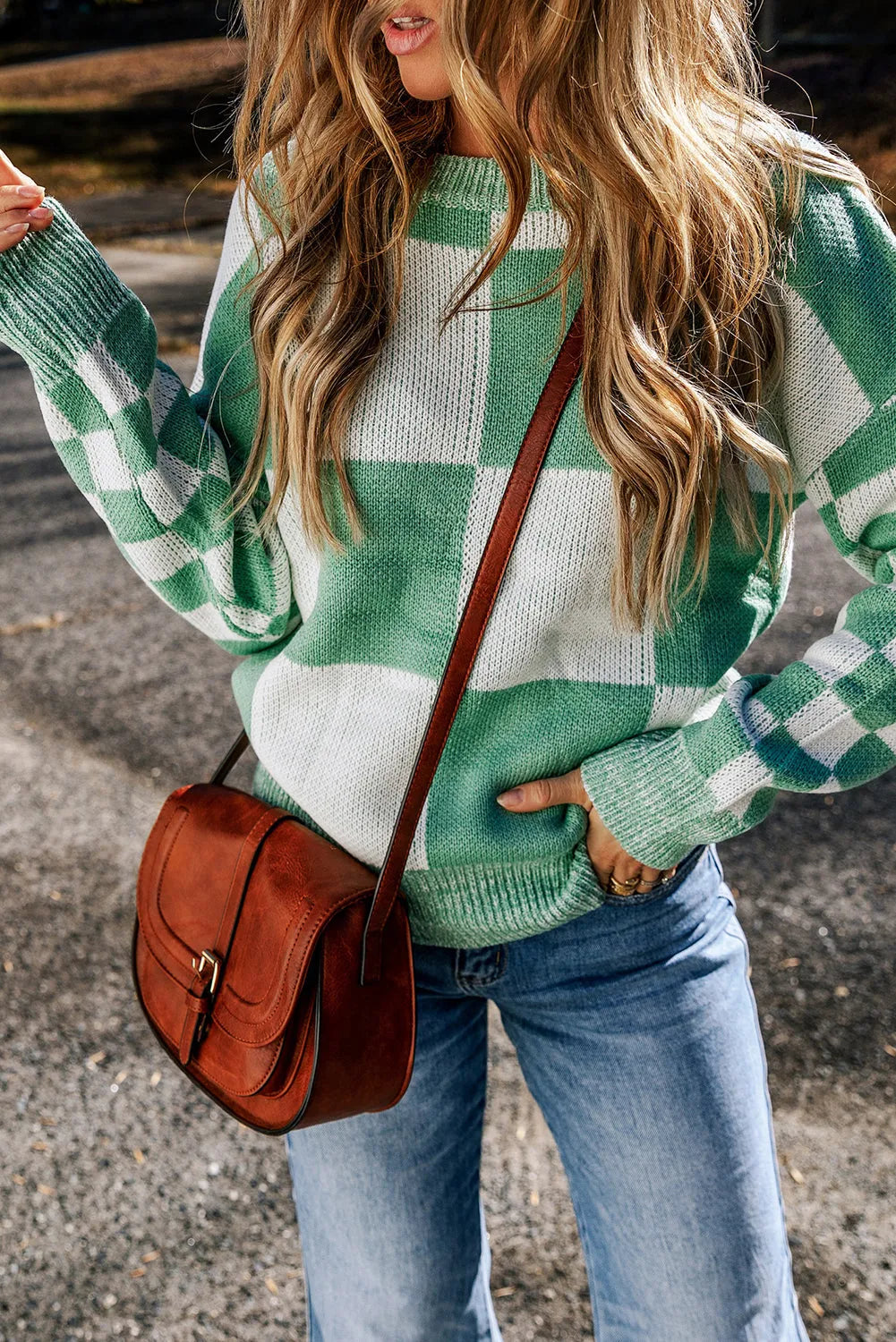 Mint Green Checkered Print Drop Shoulder Sweater - Chic Meadow Boutique 