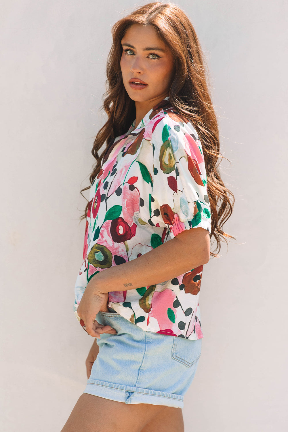 Pink Floral Print Slit V Neck Short Sleeve Blouse