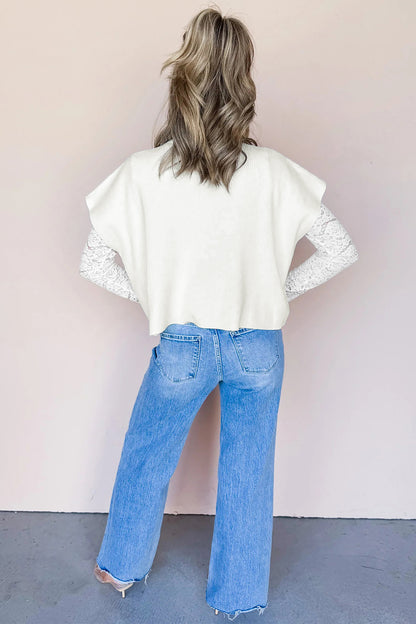 White Solid Color Ribbed Knit Mock Neck Loose Short Sleeve Sweater