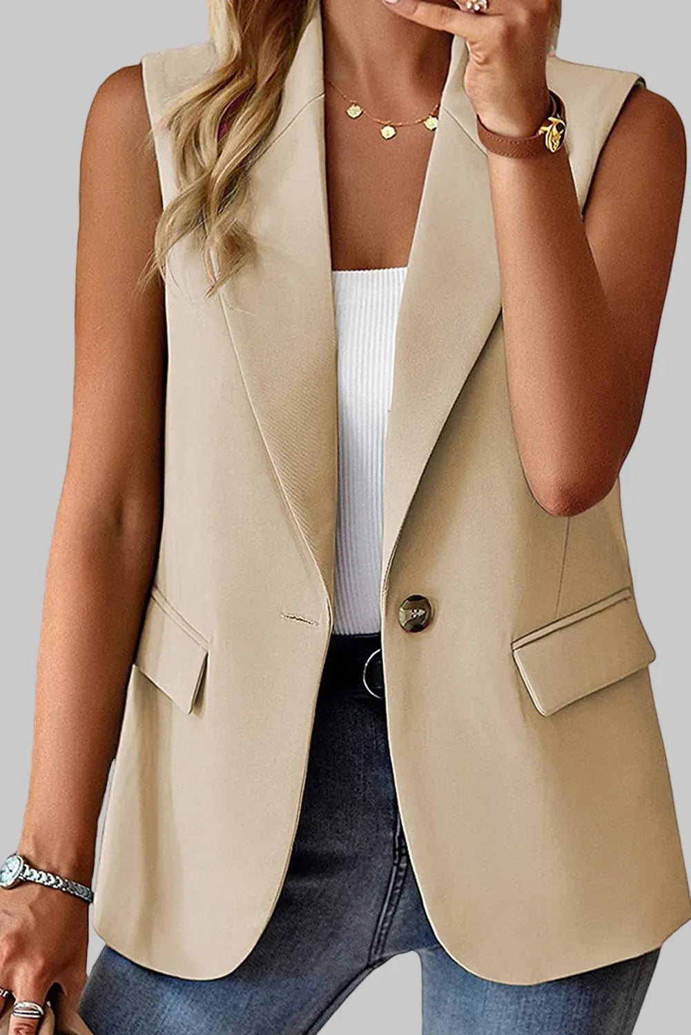 Apricot Single Button Pocketed Lapel Vest Blazer - Chic Meadow Boutique 