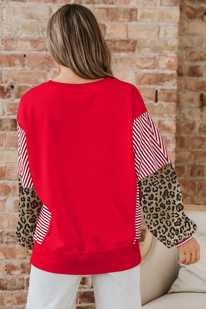 Racing Red Striped Patchwork Sleeve Colorblock Sweatshirt
