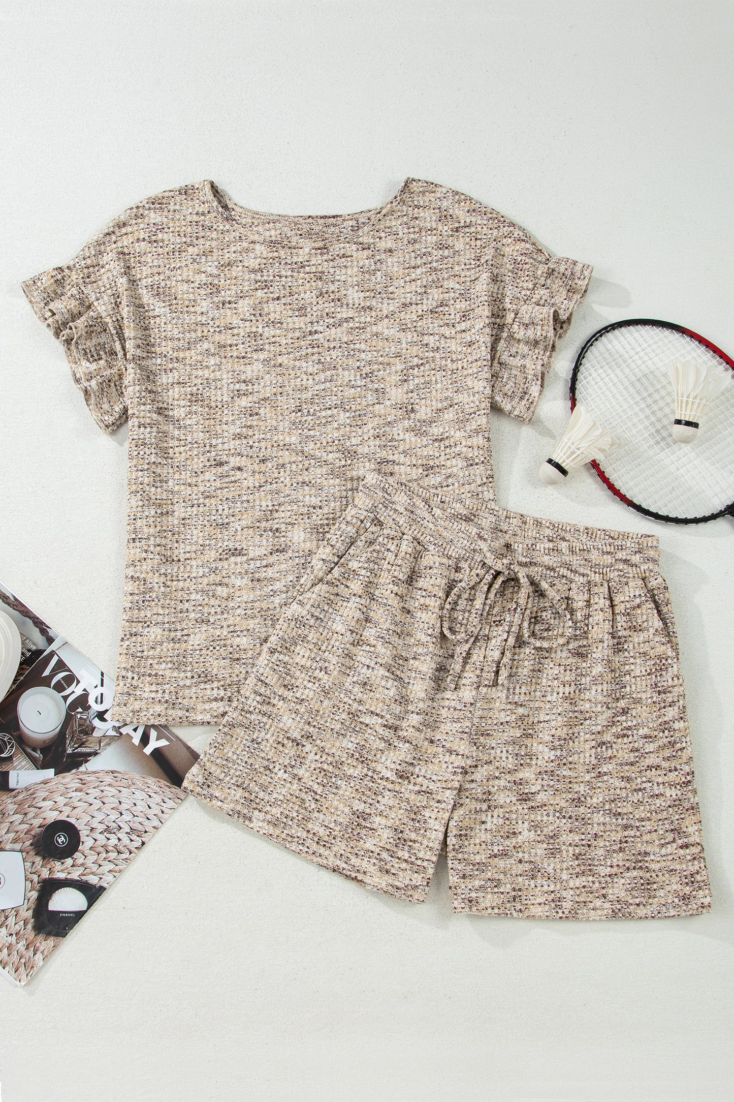 Pale Khaki Heather Textured Ruffle Sleeve Top and Drawstring Shorts Set