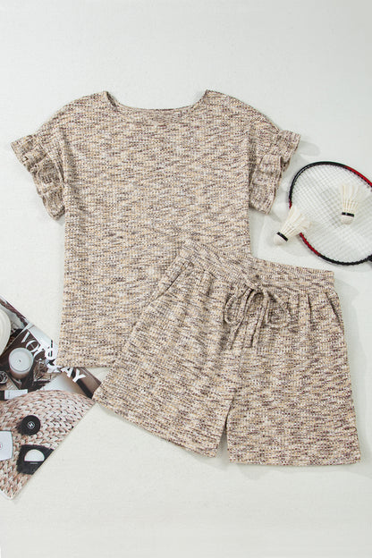 Pale Khaki Heather Textured Ruffle Sleeve Top and Drawstring Shorts Set