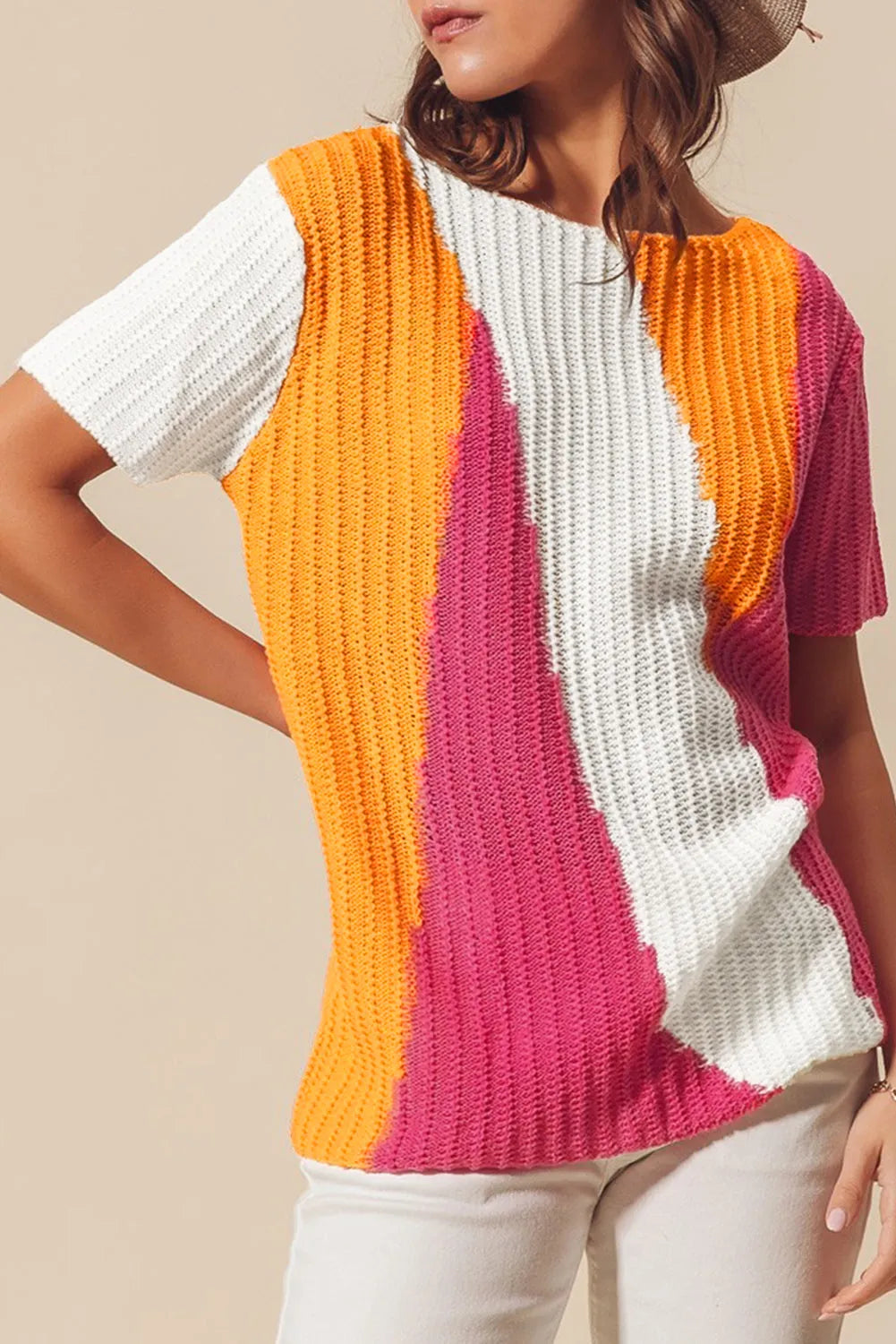 Tops/Short Sleeve Sweaters Orange / S / 100%Cotton Orange Textured Knit Colorblock Short Sleeve Sweater