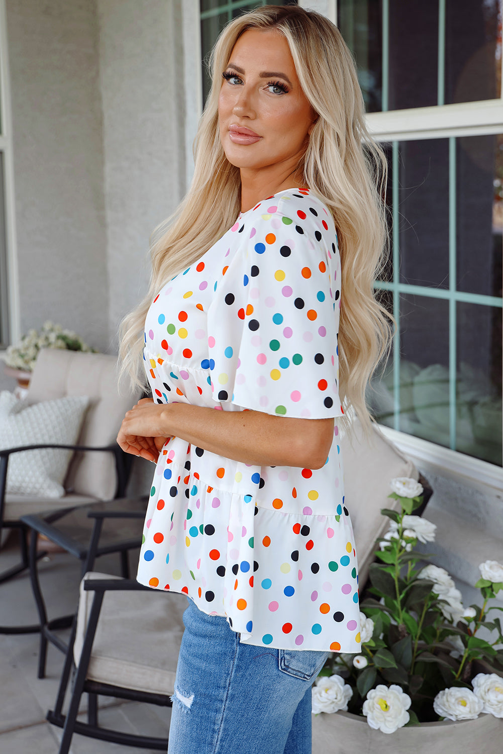 White Colorful Polka Dot Short Sleeve Tiered Ruffled Babydoll Blouse