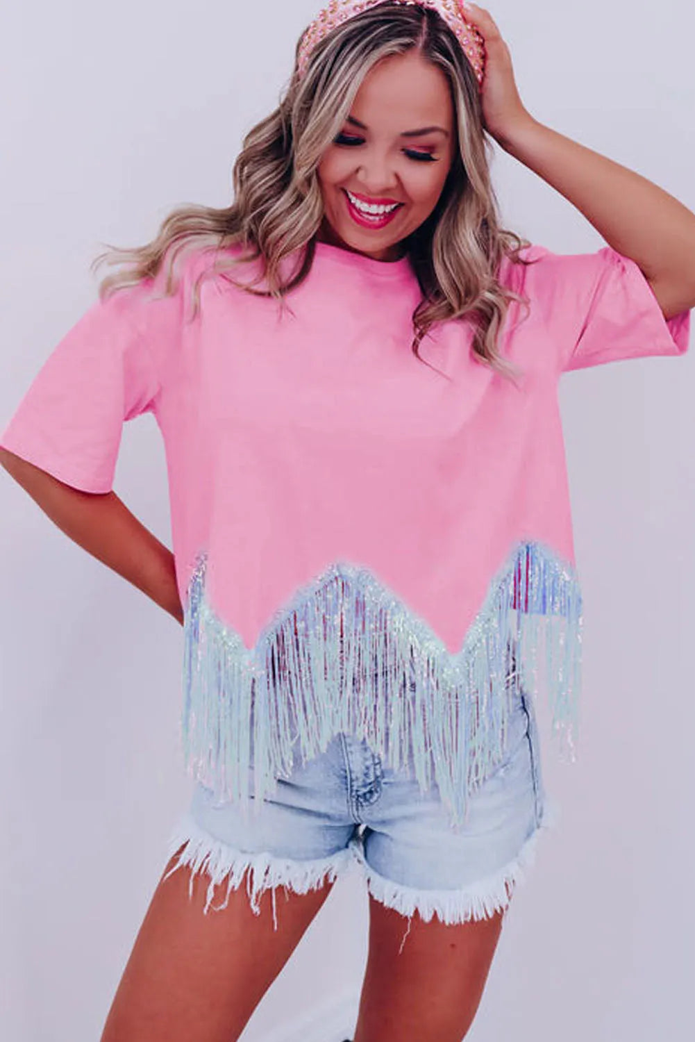 Pink Fringed Sequin Crop T-shirt - Chic Meadow Boutique 