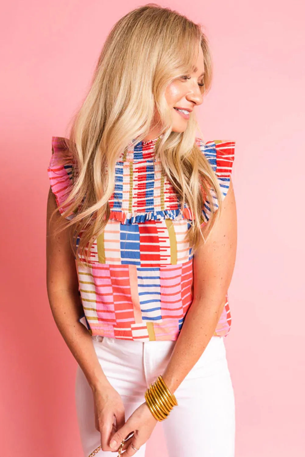 Multicolour Striped High Neck Flutter Tank Top - Chic Meadow Boutique 