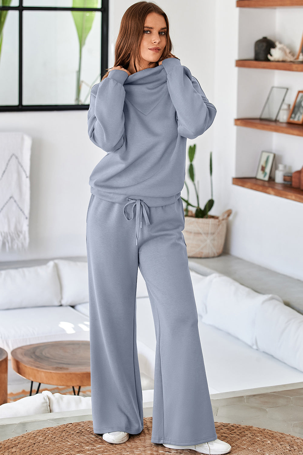 Dusk Blue Solid Color Cowl Neck Drawstring Pullover Wide Leg Athleisure Pants Set