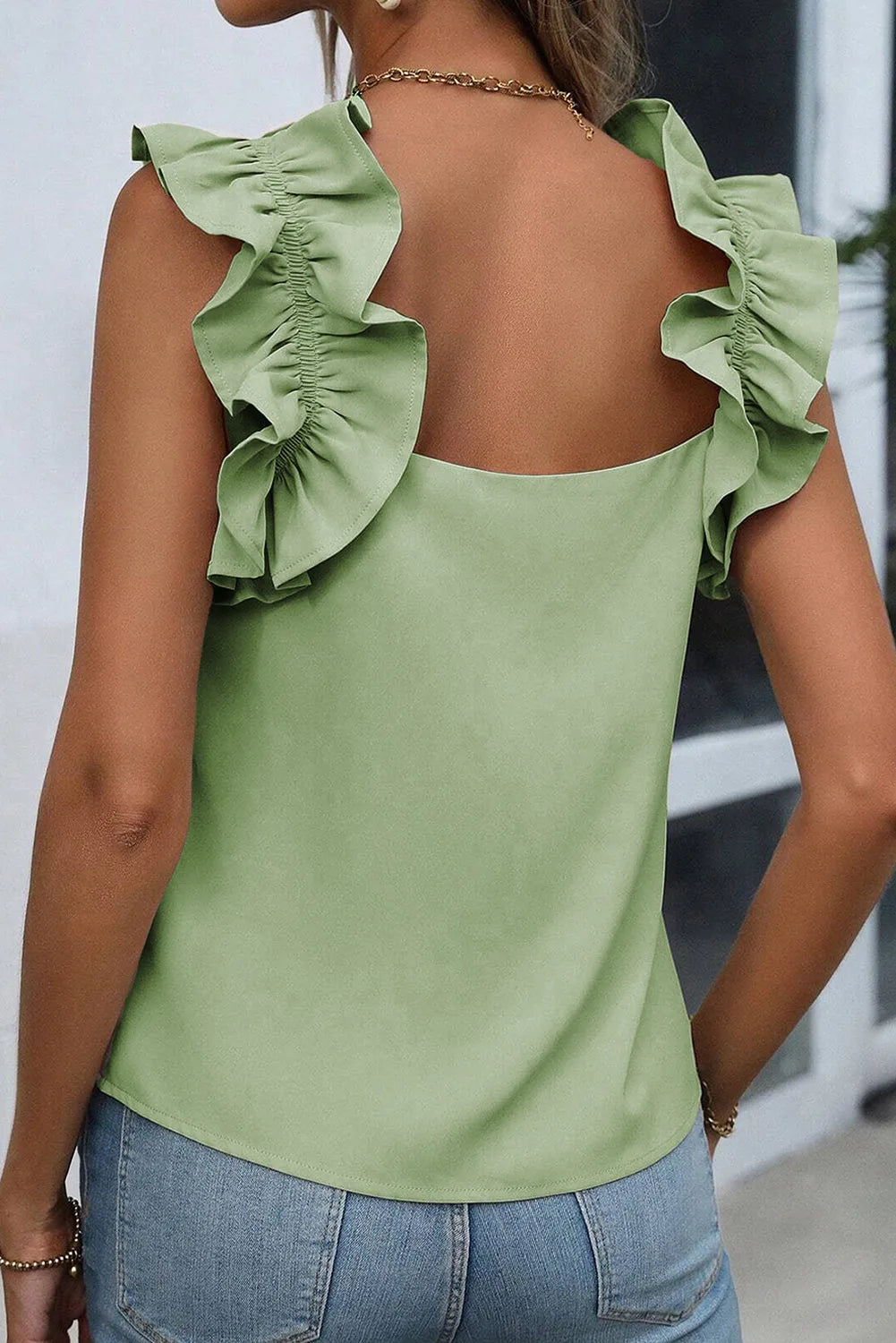 Smoke Green Solid Ruffle Trim Sleeveless Top - Chic Meadow Boutique 