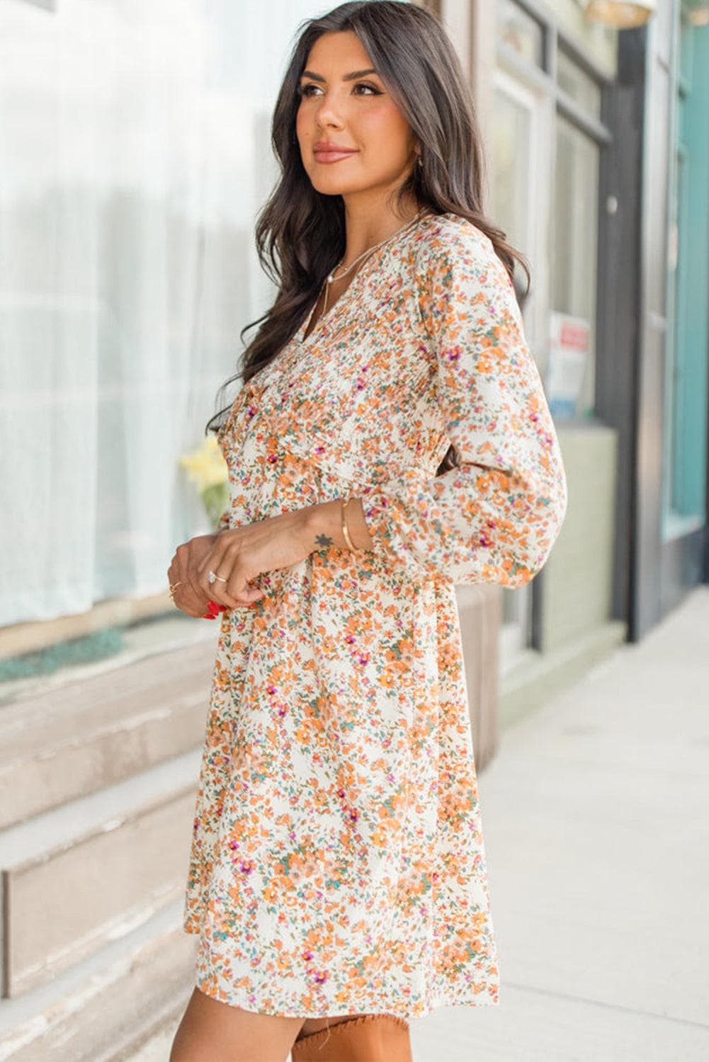 Dresses/Floral Dresses Yellow Boho Floral V Neck Ruffled Empire Waist Long Sleeve Mini Dress