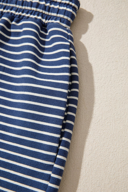 Blue Stripe Ribbed Patchwork Mock Neck Baggy Pullover Matching Shorts Set