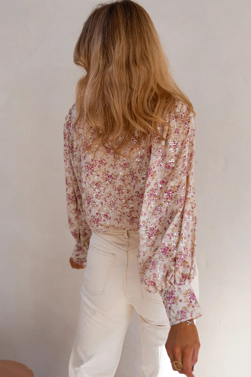 Pink Floral Print Bishop Sleeve Collared V Neck Shirt - Chic Meadow Boutique 