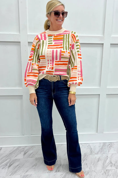 Rose Love Lines Pattern Crew Neck Puff Sleeve Sweater