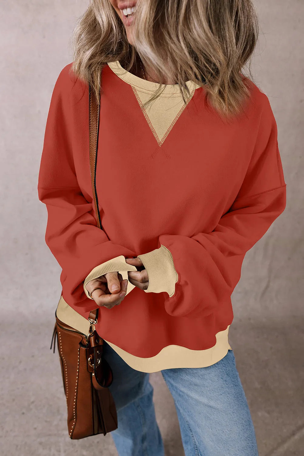 Red Clay Color Block Patch Drop Shoulder Oversized Sweatshirt - Chic Meadow Boutique 