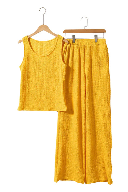 Yellow Crinkled U Neck Tank Top and Wide Leg Pants Set - Chic Meadow Boutique 