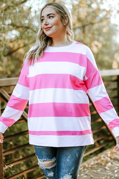 Pink Striped Side Slit Plus Size Sweatshirt - Chic Meadow Boutique 