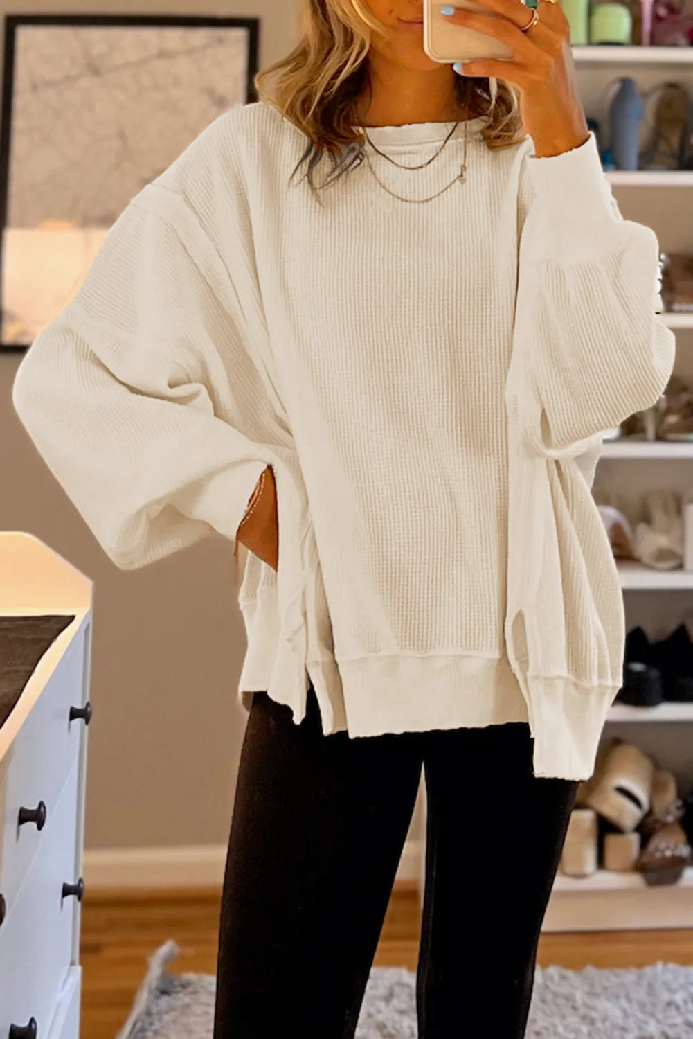 White Waffle Knit Bishop Sleeve Split Oversized Sweatshirt - Chic Meadow Boutique 