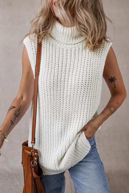 White Turtleneck Knitted Slit Hem Sweater Vest - Chic Meadow Boutique 