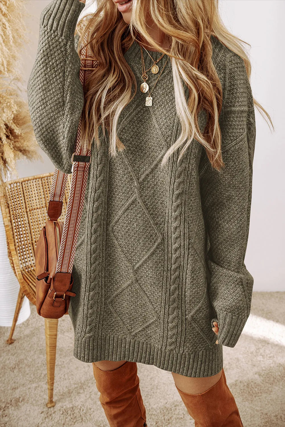 Mist Green Cable Knit Drop Shoulder Loose Fit Sweater Dress - Chic Meadow Boutique 