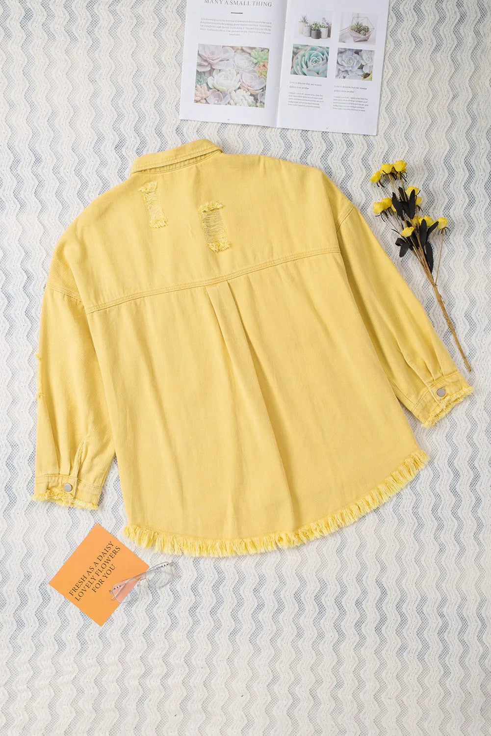 Yellow Distressed Fringe Trim Denim Jacket - Chic Meadow Boutique 