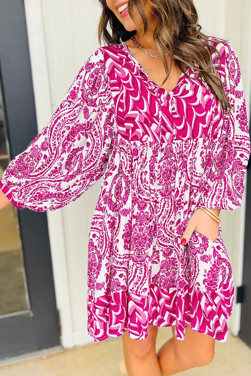 Rose Bohemian Print Puff Sleeve Tied V Neck Flared Mini Dress - Chic Meadow Boutique 