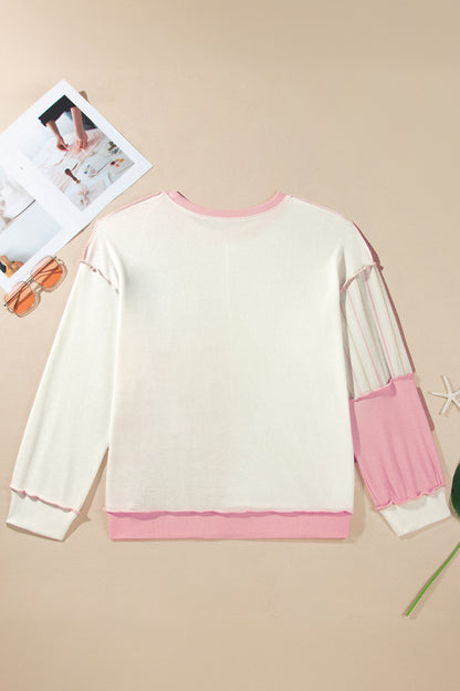 Pink Colorblock Plaid Panel Long Sleeve Plus Size Blouse