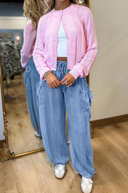 Beau Blue Drawstring Elastic Waist Pocketed Loose Denim Pants